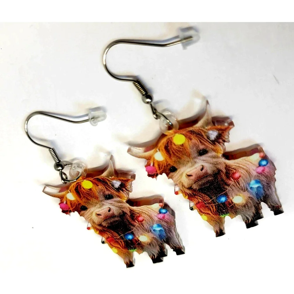 Highland Cow Christmas‎ Lights Dangle Earrings Women Holiday Acrylic Jewelry